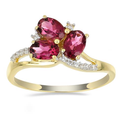 BUY 14K GOLD NATURAL RHODOLITE GEMSTONE THREE STONES RING WITH WHITE DIAMOND